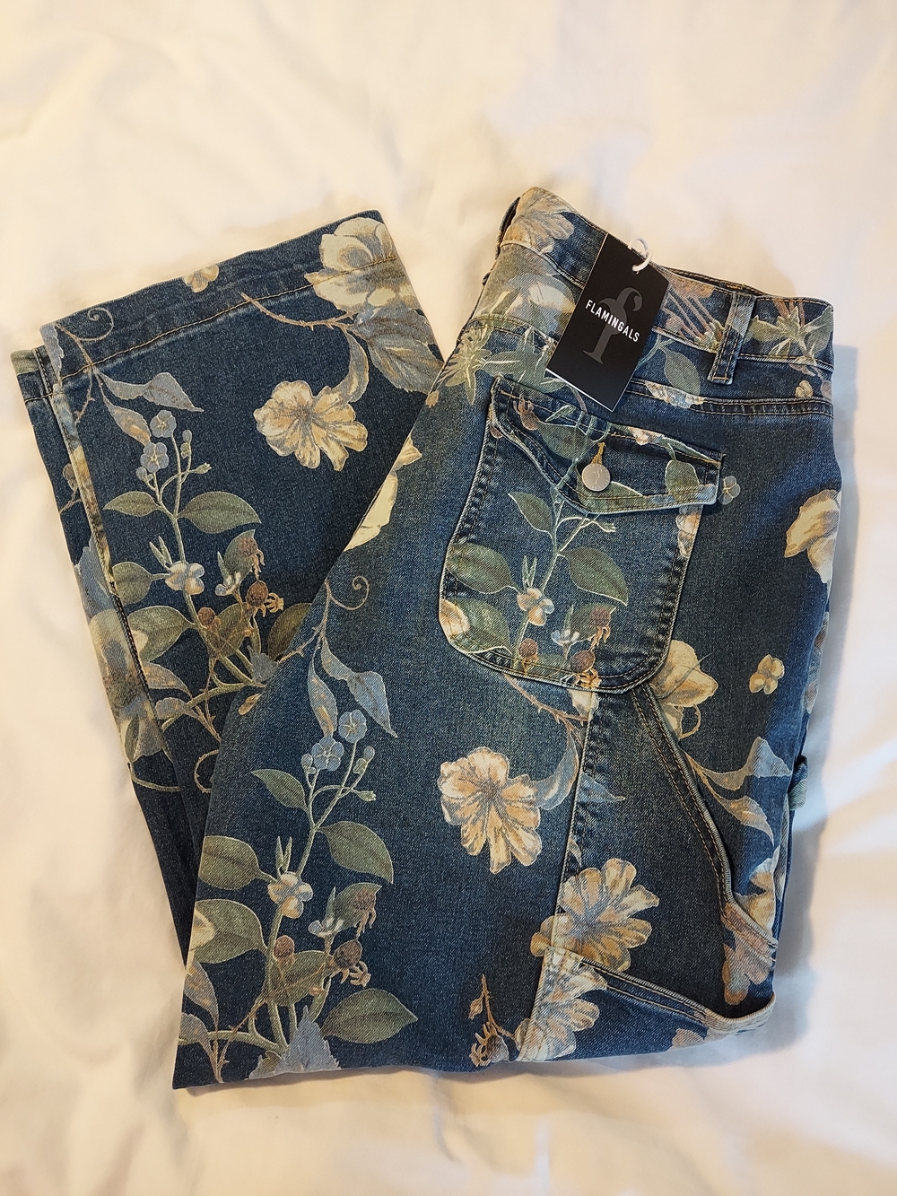 NWT Flamingals Blue Vintage Floral Print Straight Leg Denim Jeans Size XL - Picture 9 of 10